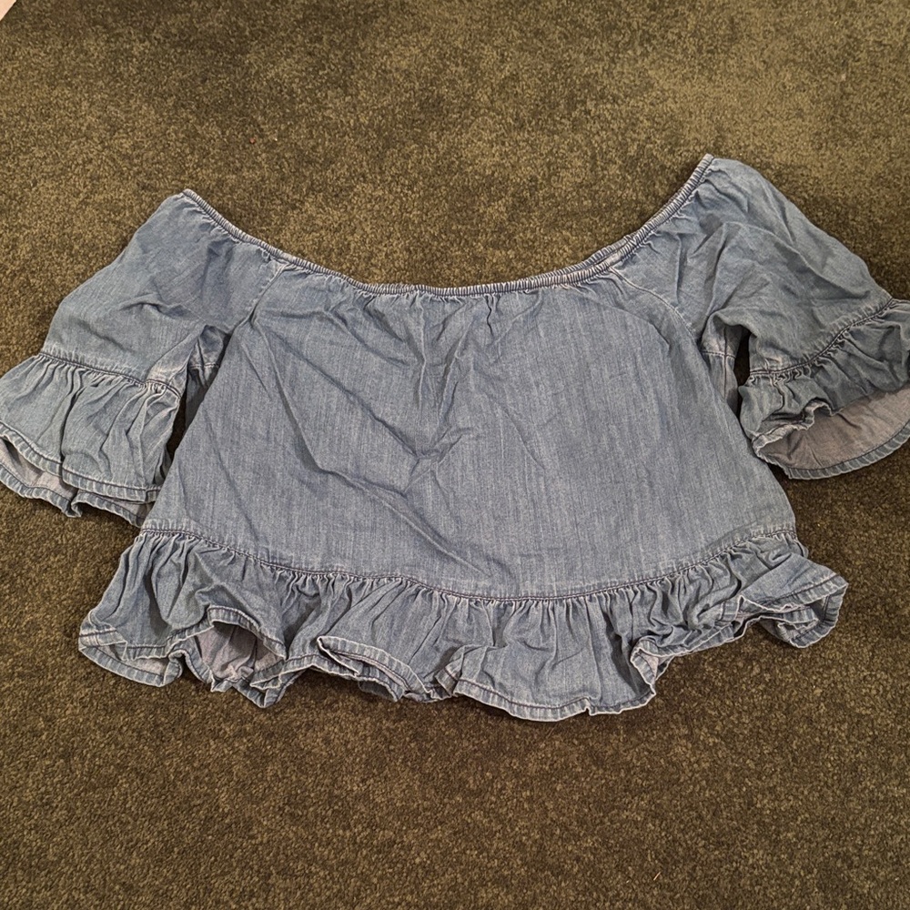 bebe Light Blue Off-Shoulder Ruffle Denim Crop Top